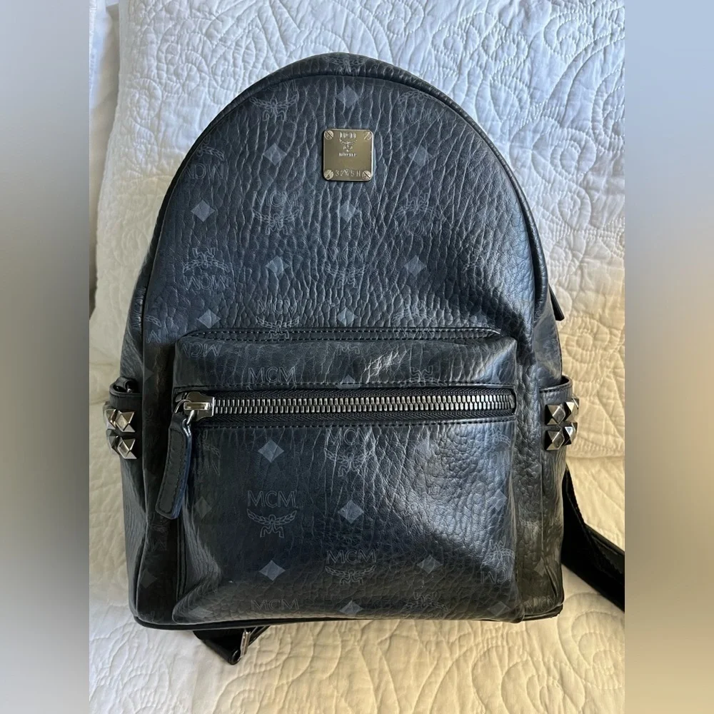 Stark Side Studs Backpack In Visetos, black side pockets w/stud details leather